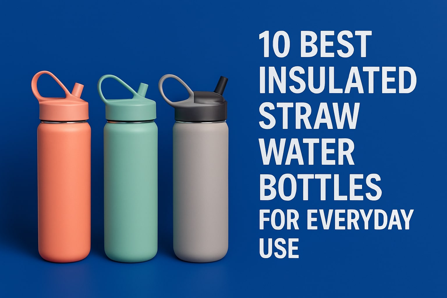 Royal blue studio scene with a lineup of insulated stainless steel straw water bottles—flip lids, wide-mouth, handled and slim profiles; leakproof cold-retention designs for gym, commute, hiking; AhemBeauty editorial visual