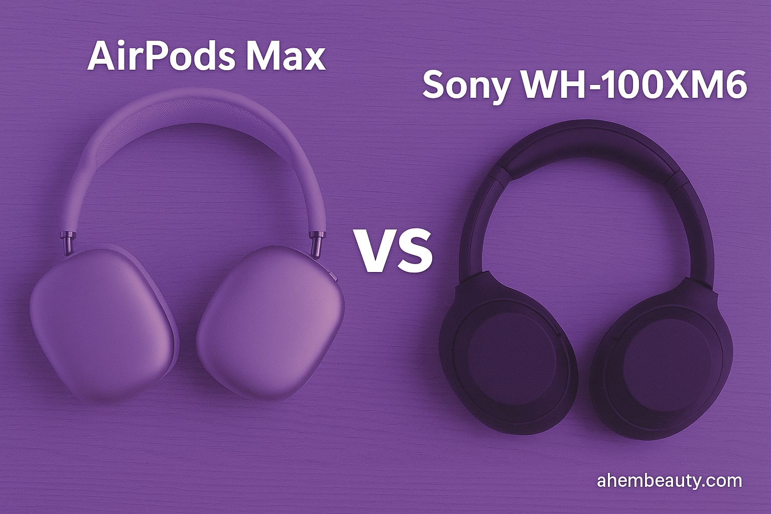 Side-by-side premium noise-cancelling headphones: Apple AirPods Max aluminum earcups with knit canopy versus Sony WH-1000XM6 foldable over-ears; ANC, transparency mode, Spatial Audio, LDAC, multipoint; travel and studio use; AhemBeauty editorial comparison