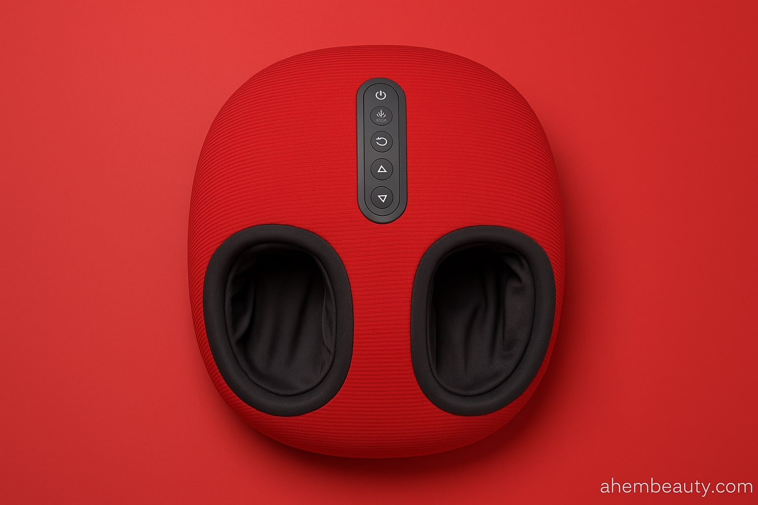 Electric foot massager with deep-kneading shiatsu nodes and safe heat on red #EC253F backdrop; arch & heel relief for plantar fasciitis; AhemBeauty editorial