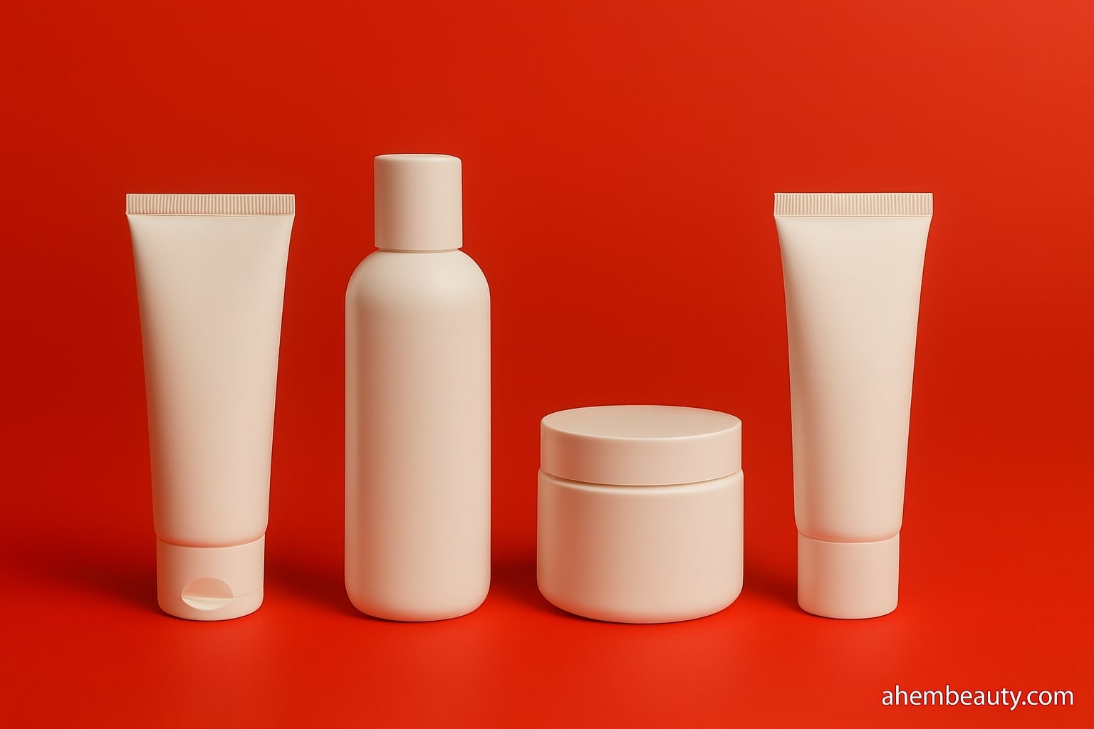 Flatlay of glutathione face creams on red editorial backdrop; antioxidant brightening moisturizers arranged with clean caps and labels; hyperpigmentation and dark spot care; gentle, non-irritating formulas; AhemBeauty visual