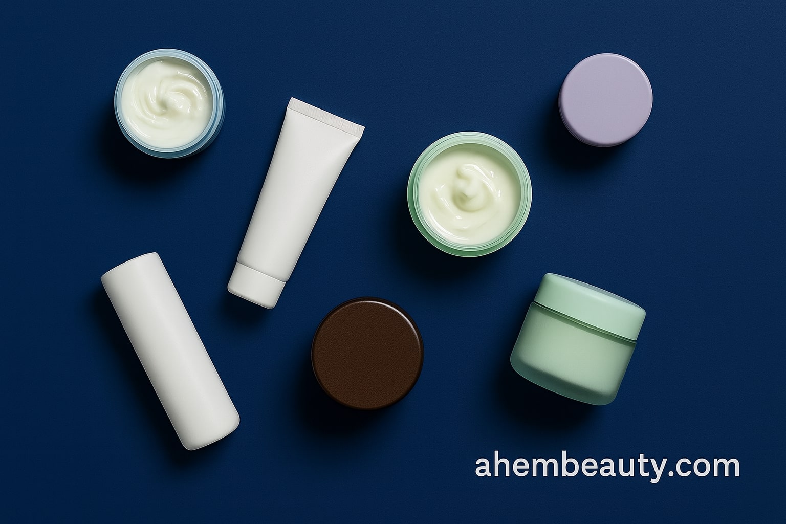 Array of dermatologist-approved moisturizers for dry, sensitive skin on sapphire blue background; ceramide creams, glycerin lotions, and fragrance-free hydrating formulas — AhemBeauty editorial