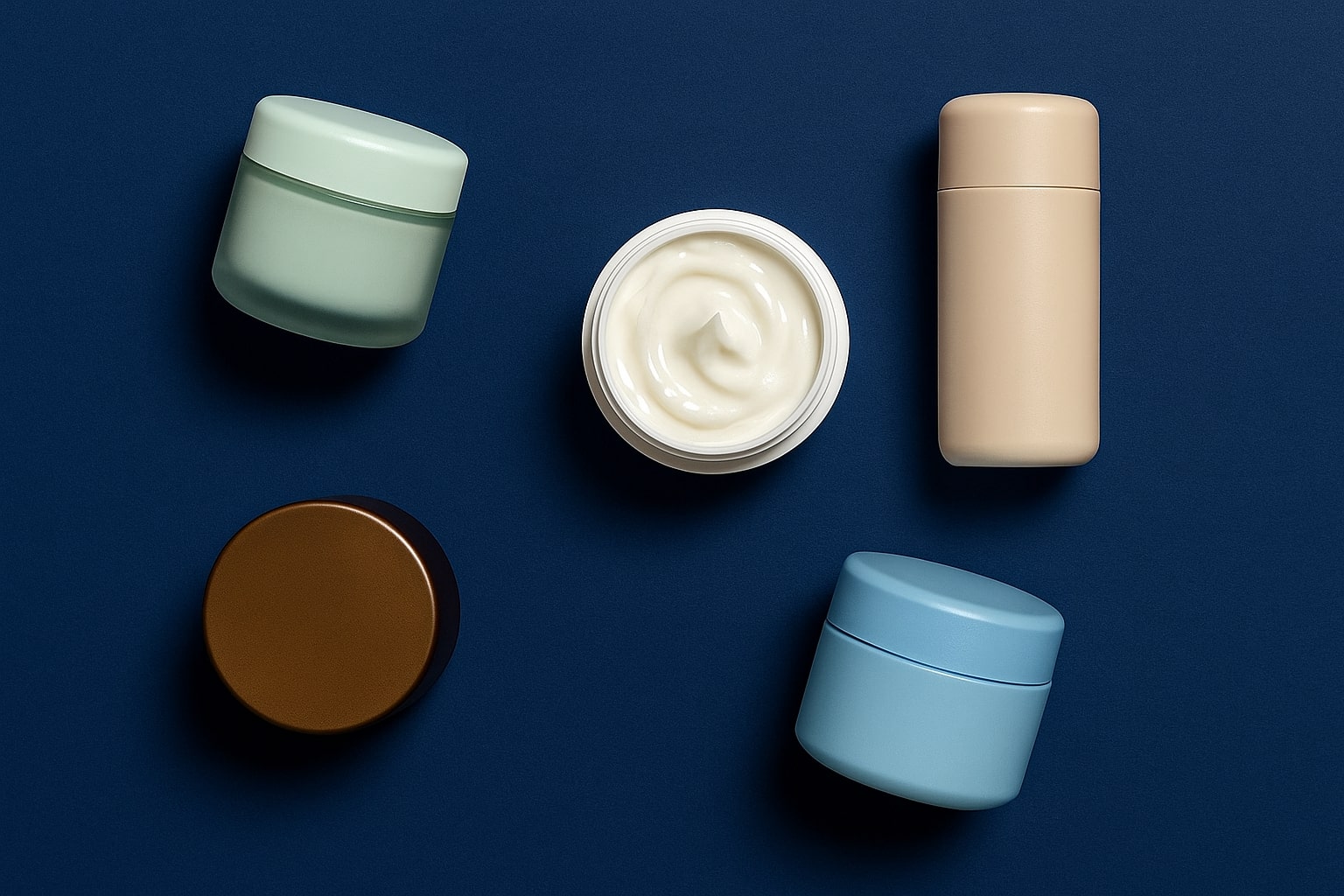Editorial still life of multiple peptide face cream jars on red-blue gradient; dermatologist-approved anti-aging moisturizers; collagen-boosting wrinkle repair creams