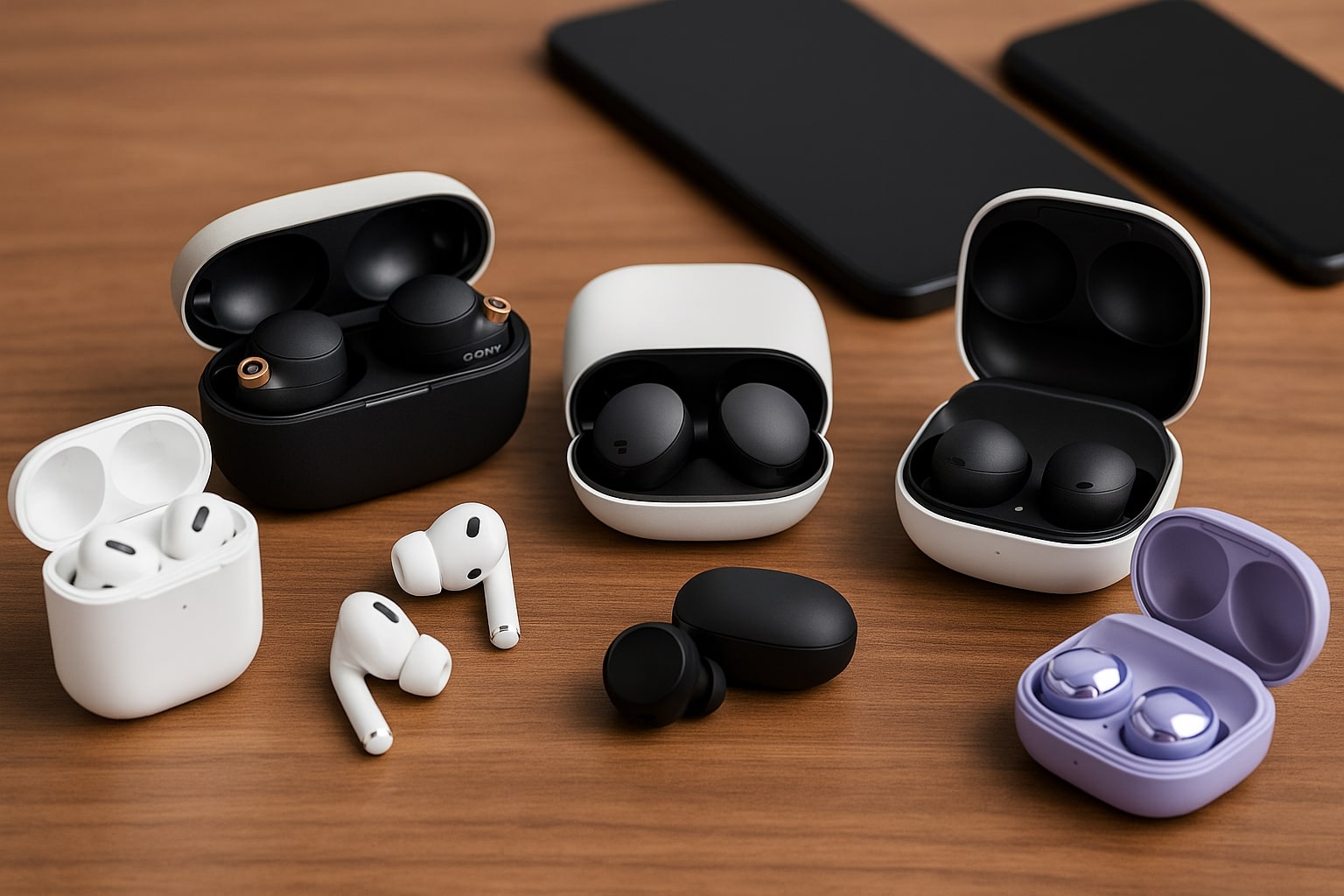 Wireless earbuds arranged neatly on a desk, ready for testing