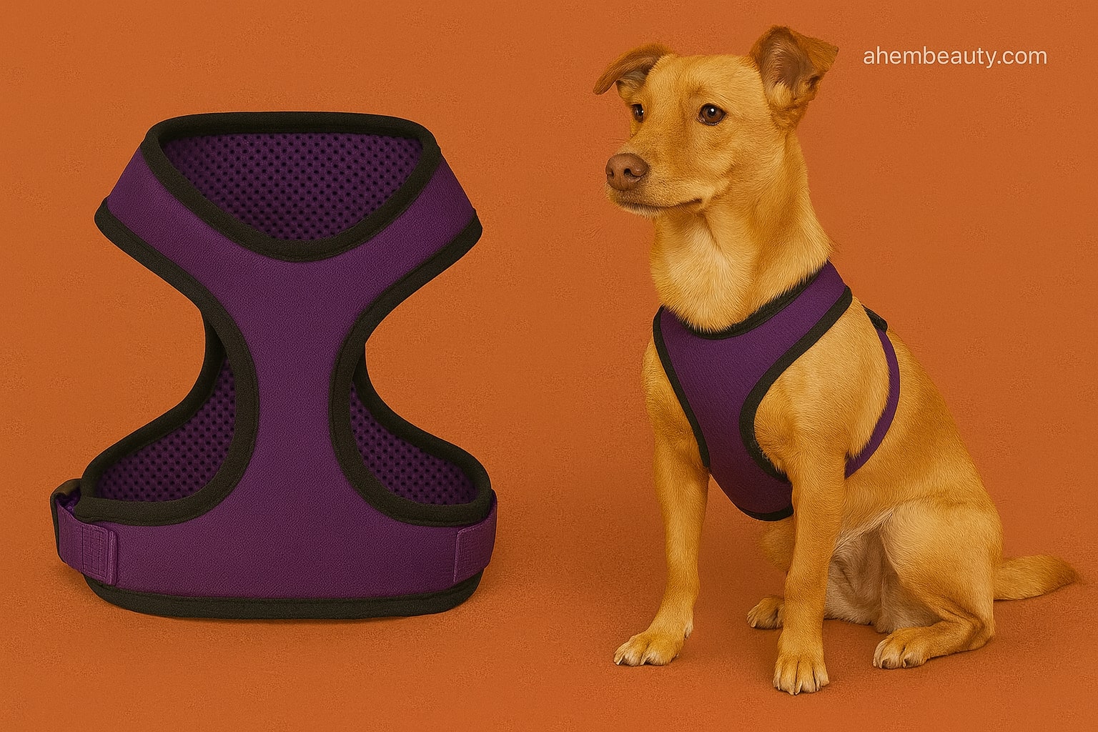 Selection of durable no-pull dog harnesses on a Copper background