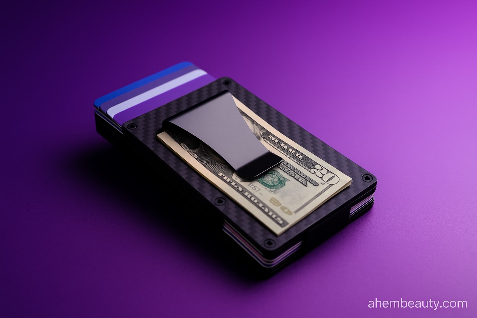 Minimalist men’s slim wallet and card holder on #EC253F fashion backdrop; front-pocket thin leather and metal money-clip styles; airport and office friendly; AhemBeauty editorial