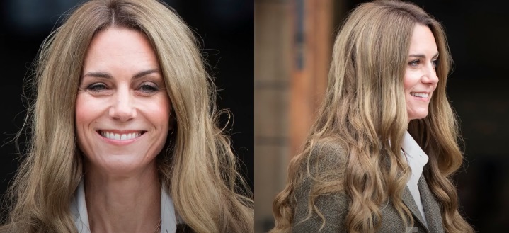 Close-up of Kate’s blonde highlights with soft waves