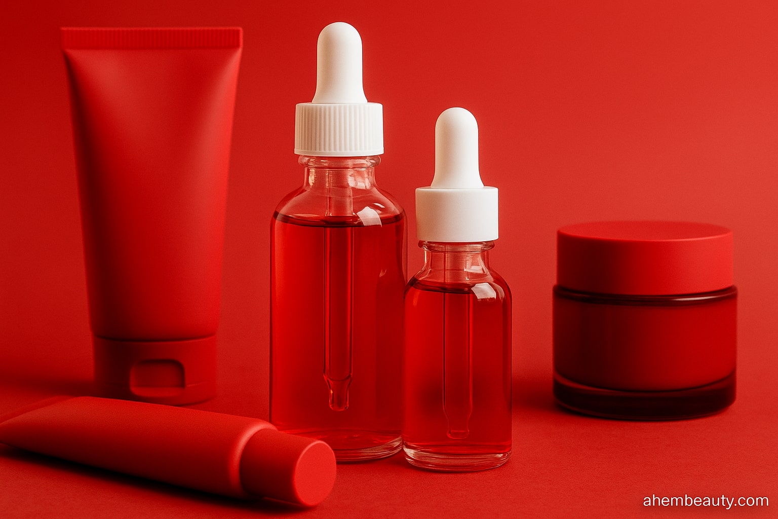 Split-view skincare concept: retinol molecule illustration on red background vs bakuchiol plant extract bottle on soft botanical backdrop; anti-aging wrinkle smoothing; suitable for sensitive skin; editorial by AhemBeauty