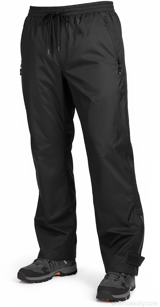 Best Budget Waterproof Hiking Pants for Men Under $100 — 33,000ft men’s rain overpants with seam-sealed nylon shell and mesh lining; US UK Canada commuters, hikers, campers; blue theme #0000D1