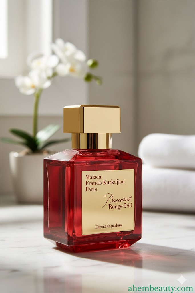 Baccarat Rouge 540 perfume bottle — deep red and gold, luxury EDP