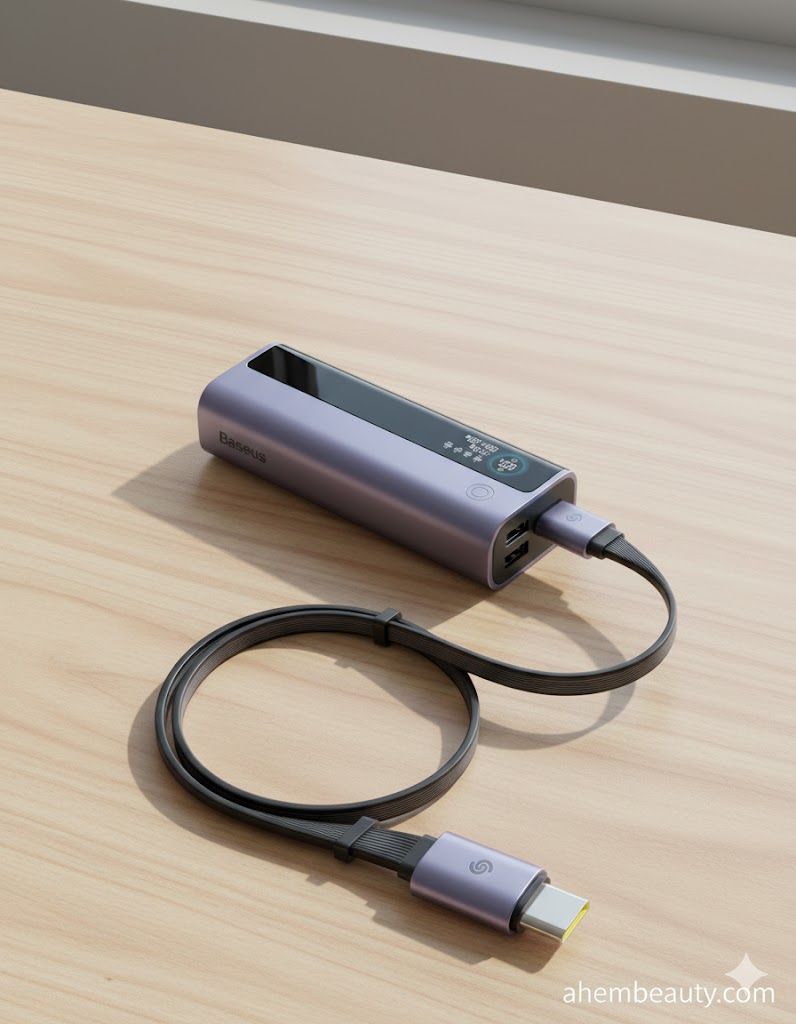 Best Portable Mini Power Banks 20000 mAh — Baseus 145W laptop-class USB-C power bank with retractable 100W cable, TFT display showing wattage and time-to-empty; compact column design; AhemBeauty review