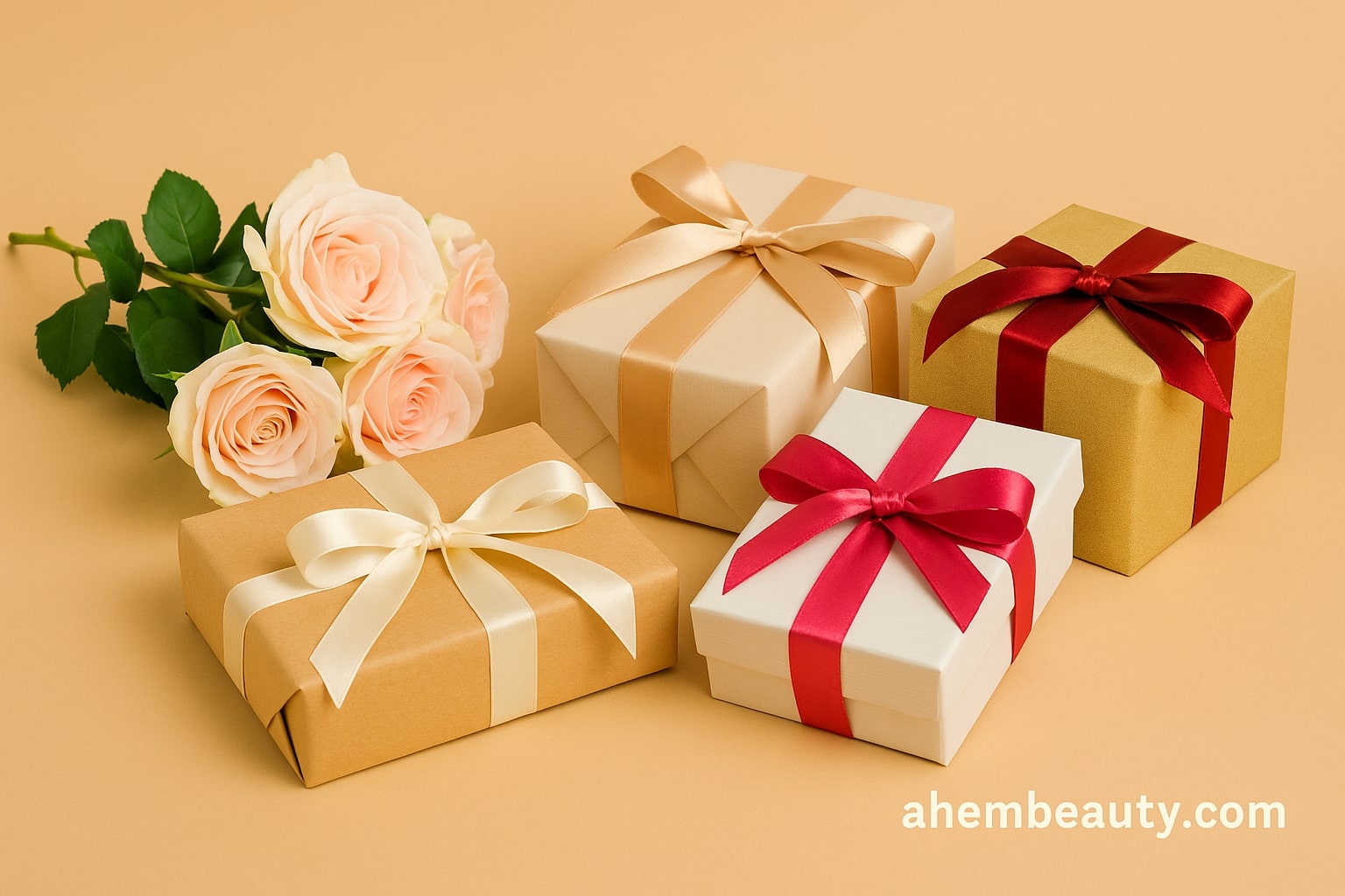 Curated birthday gifts arranged on a warm beige table: small luxury skincare set, silk sleep mask, monogrammed necklace box, artisan candle, travel jewelry case, premium journal with pen; photographed in soft peach tones for US/UK/Canada audience
