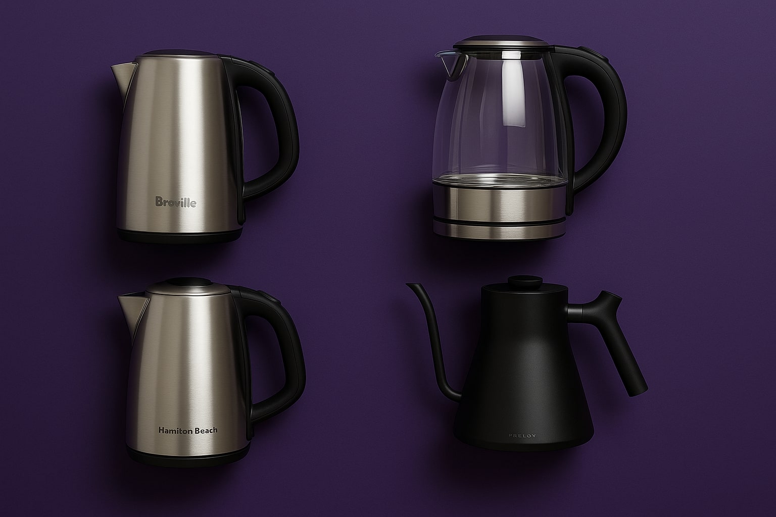 Editorial lineup of modern electric kettles—stainless steel, glass, and gooseneck (Fellow-style) with variable temperature and auto shutoff—AhemBeauty crimson theme