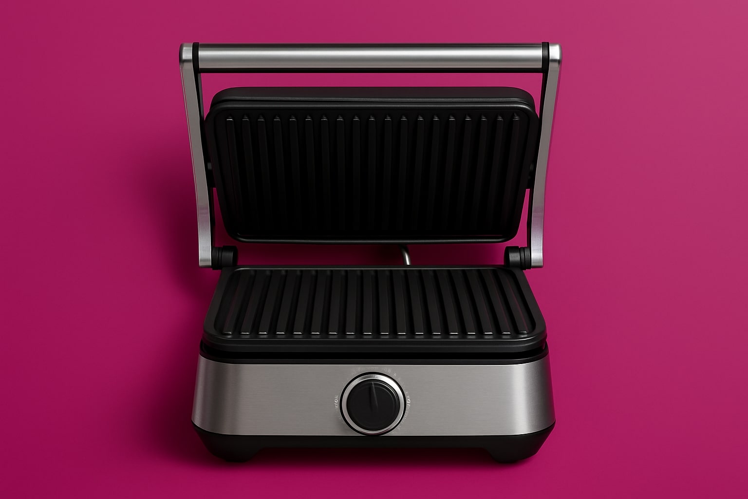 Lineup of smokeless indoor electric grills with lids and drip trays—contact grill, flat griddle, and grill-plate styles—cooking steaks, peppers, and paninis; compact countertop scene; magenta theme; AhemBeauty feature image