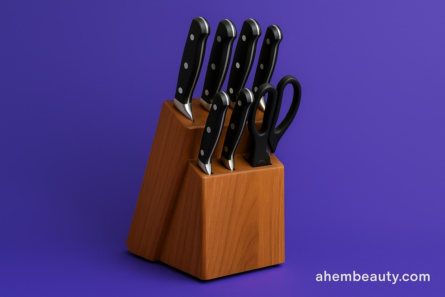 Assorted stainless-steel Japanese and Western knife sets displayed on wooden counter under warm kitchen light — chef knife, paring, and bread knife with block — AhemBeauty feature image