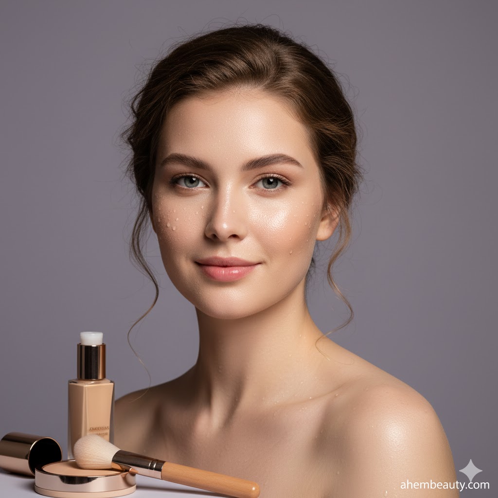 Long-wear foundations for humid weather — editorial scene with dewy yet secure coverage, minimal transfer, daylight flash test; city commute, high humidity context — AhemBeauty red theme.
