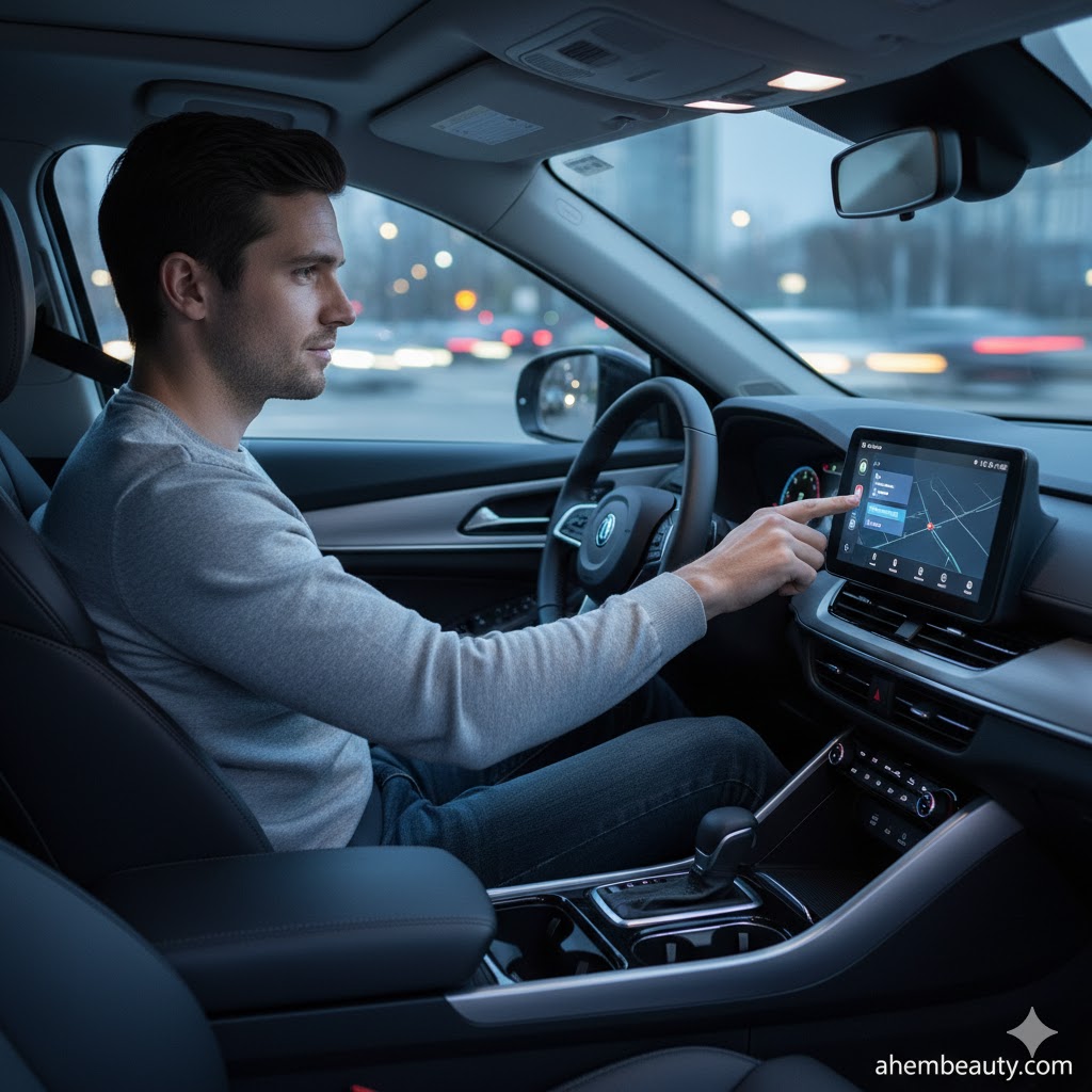 Best Portable Wireless CarPlay screens for Easy Setup, AI-generated editorial image for illustrative purposes — dashboard-mounted touchscreen showing Apple CarPlay interface with cool blue ambient lighting inside a modern car.