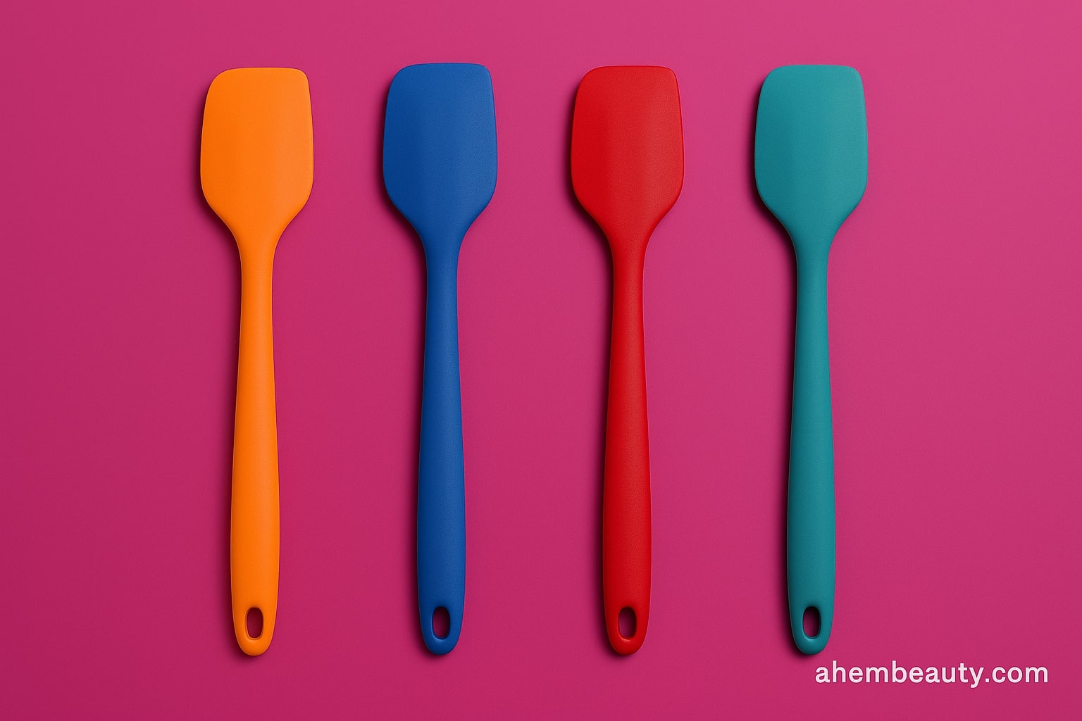 Lineup of high-heat silicone spatulas in magenta and charcoal hues scraping bowls, folding omelets, and stirring sauces; nonstick and cast-iron pans on a bright countertop; AhemBeauty feature image