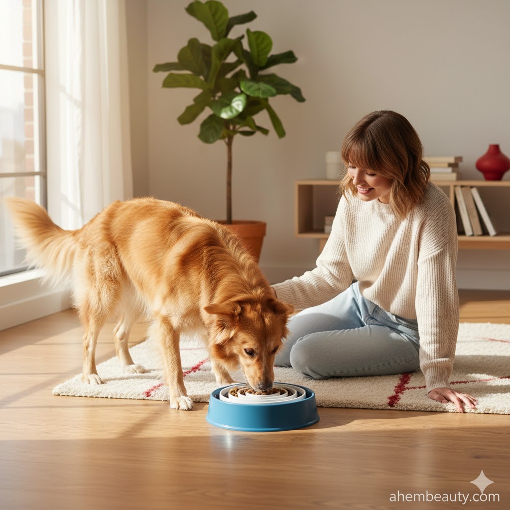 Best Slow Feed Dog Bowls, AI-generated editorial image for illustrative purposes — golden retriever eating from a maze-shaped slow feed bowl with a red theme in a cozy home kitchen.