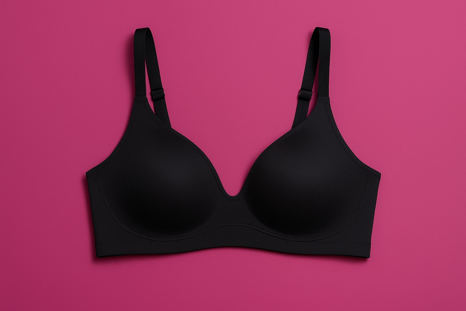 Lineup of modern wireless bras—seamless T-shirt styles, lightly padded, and unlined options—arranged in soft magenta tones; sizes from small to plus; everyday comfort focus; AhemBeauty feature image