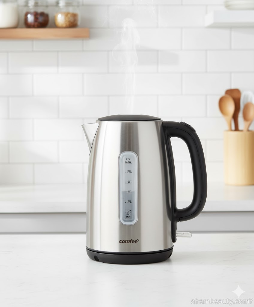 Modern stainless steel electric kettle by COMFEE — 1.7L 1500W fast boil with auto shut-off and boil-dry protection; suitable for tea, pour-over coffee, and dorm kitchens in the US, UK, and Canada