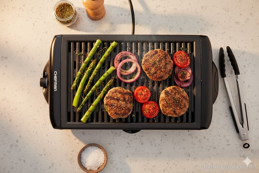 Best Indoor Electric Grills for Smokeless Cooking at Home — Chefman flat, open-top smokeless grill with water tray and adjustable heat knob; compact apartment-friendly design for US, UK, Canada