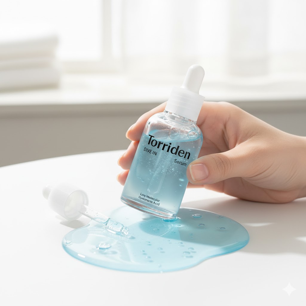 Best Korean Serums For Glowing Skin — Torriden DIVE-IN Hyaluronic Acid Serum layered on damp skin before cream and SPF for fast bounce
