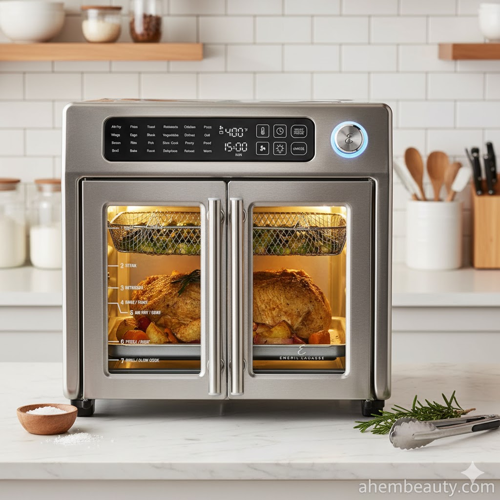 Emeril Lagasse Extra Large French Door Air Fryer Toaster Oven — 26-quart family-size capacity with French doors and rotisserie — best for family meals