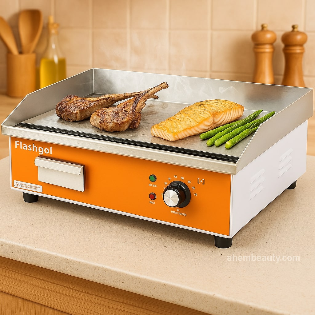 Best Indoor Electric Grills for Smokeless Cooking at Home — FIWOTOOJI stainless steel flat-top electric griddle with large silver cook surface, splash guard and grease channel; US, UK, Canada