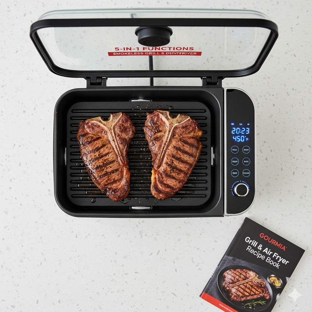 Best Indoor Electric Grills for Smokeless Cooking at Home — Gourmia smokeless indoor grill and air fryer combo with cast-iron grate, tempered glass lid, and 6-qt basket; US, UK, Canada