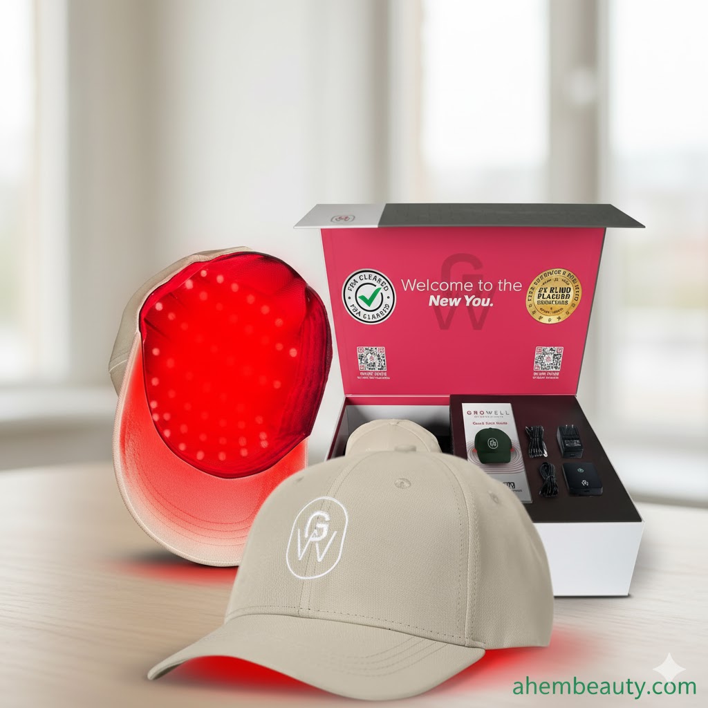 Best Small-Scale Red Light Therapy Devices for Hair Growth — GroWell discreet beige cap with laser+LED panel for temples, crown, hairline coverage; cordless and travel-friendly for men and women in US UK Canada