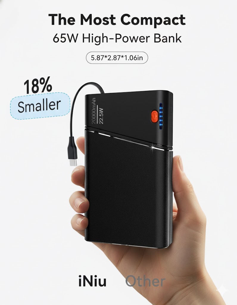 Best Portable Mini Power Banks 20000 mAh — INIU 65W compact USB-C laptop power bank with digital display, triple-port outputs, and pull-out stand; AhemBeauty review
