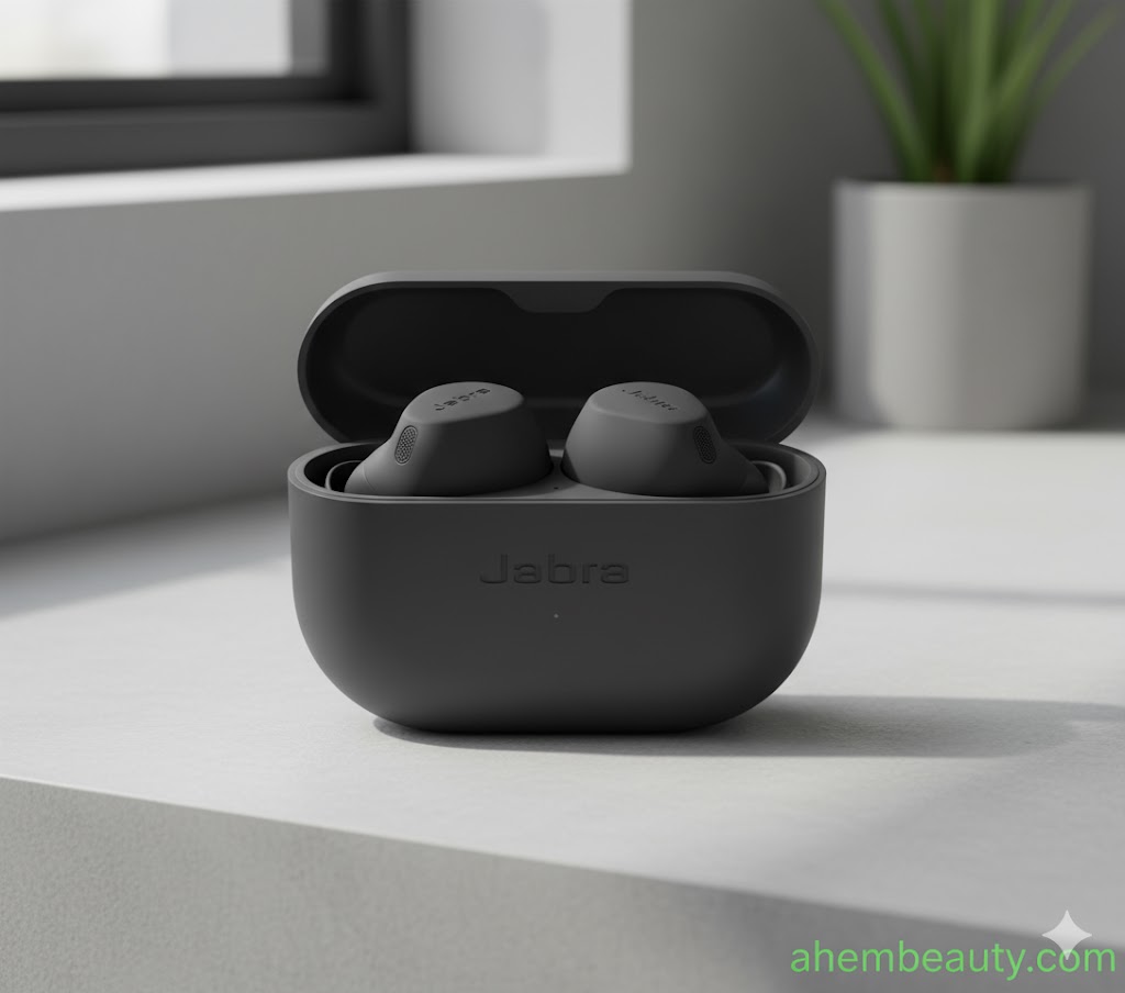 Best Wireless Earbuds for Small Ears — Jabra Elite 8 Active sweatproof true wireless earbuds on a dark-red set; petite ear canal fit, IP68 durability, Bluetooth 5.3; AhemBeauty review