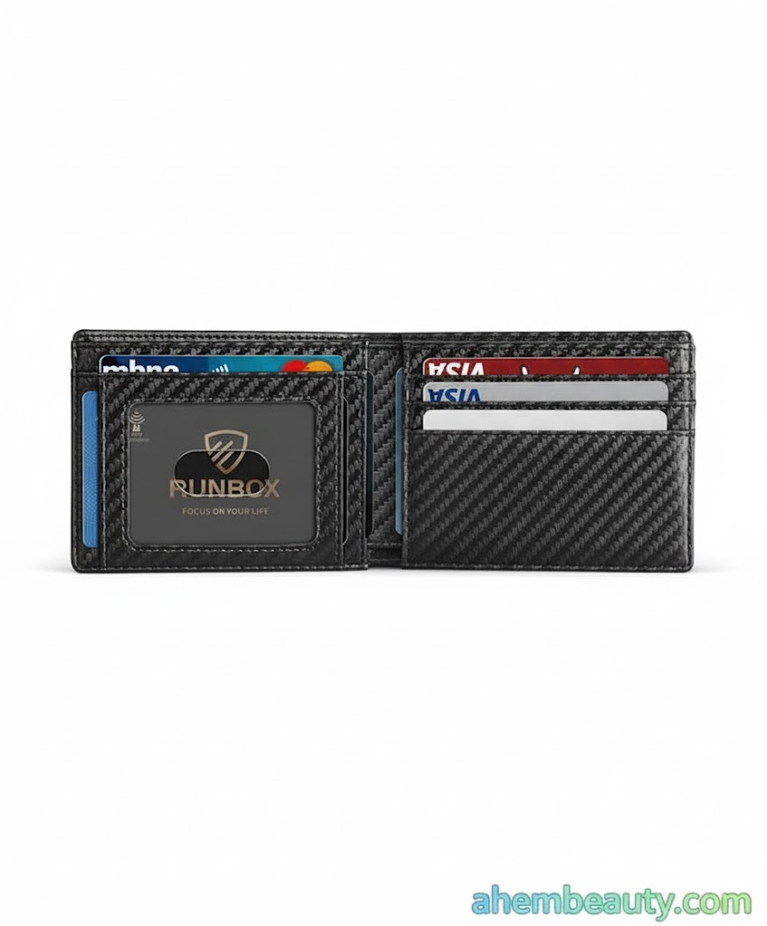 Best Men’s Slim Wallets — RUNBOX slim leather RFID-blocking wallet with ID windows and quick-access slots on purple #800080 backdrop; suited for travel, office, and daily EDC in US UK Canada