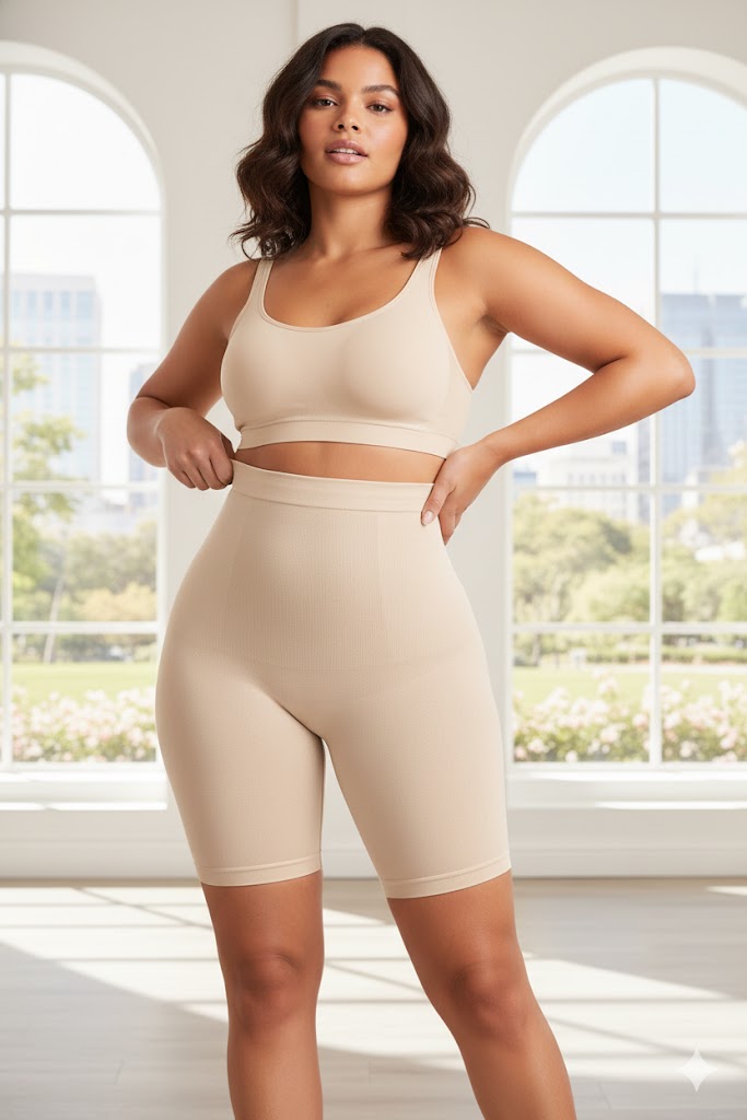 Best Shapewear For Women — Shapermint high-waisted shaping shorts in neutral tones, breathable microfiber, gentle paneling; US-UK-Canada audience focus