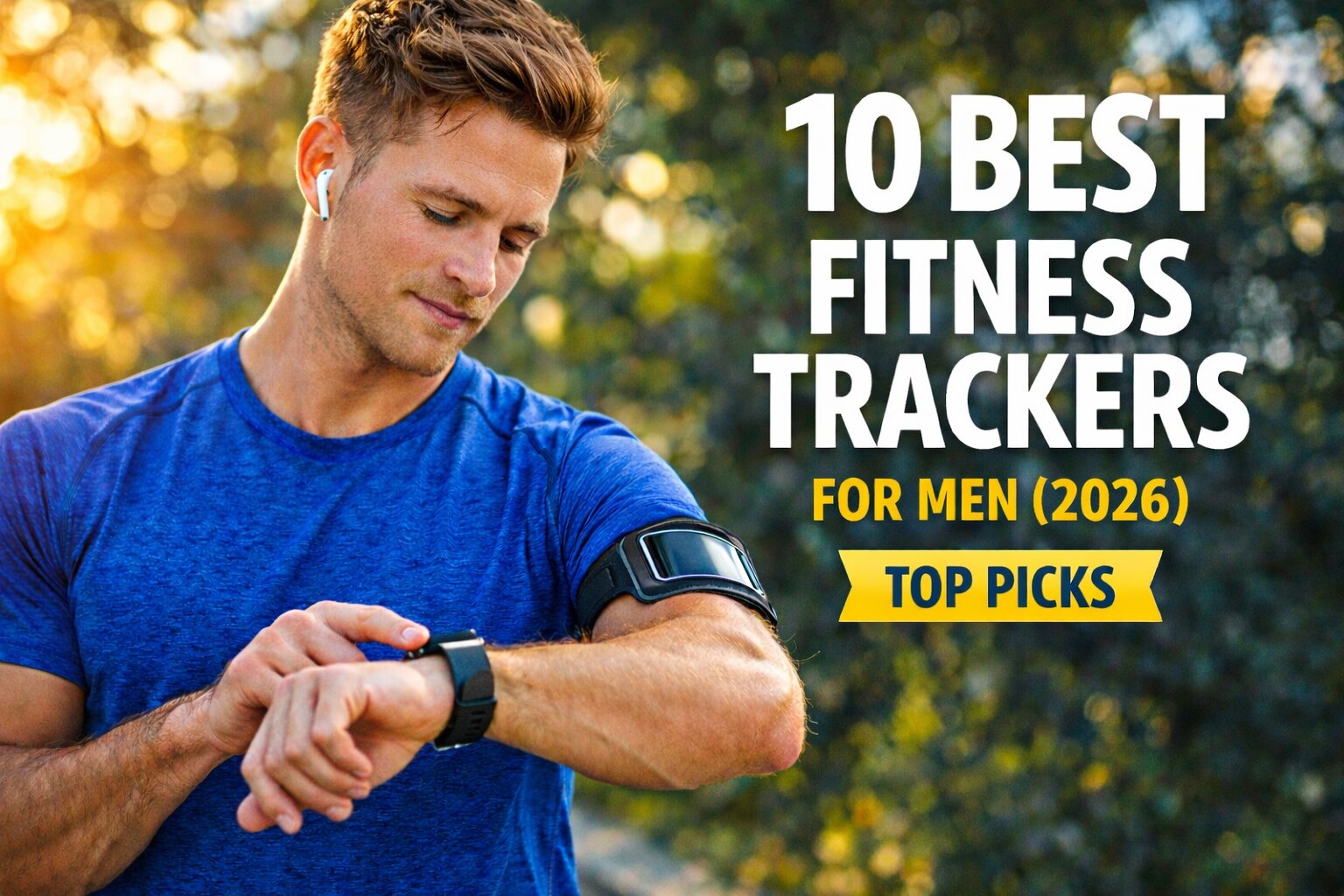 Best Fitness Trackers for Men, AI-generated editorial image for illustrative purposes. Modern smart fitness tracking watches monitoring heart rate, sleep cycles, activity levels, recovery patterns, and daily performance metrics for men’s health and workout optimization.