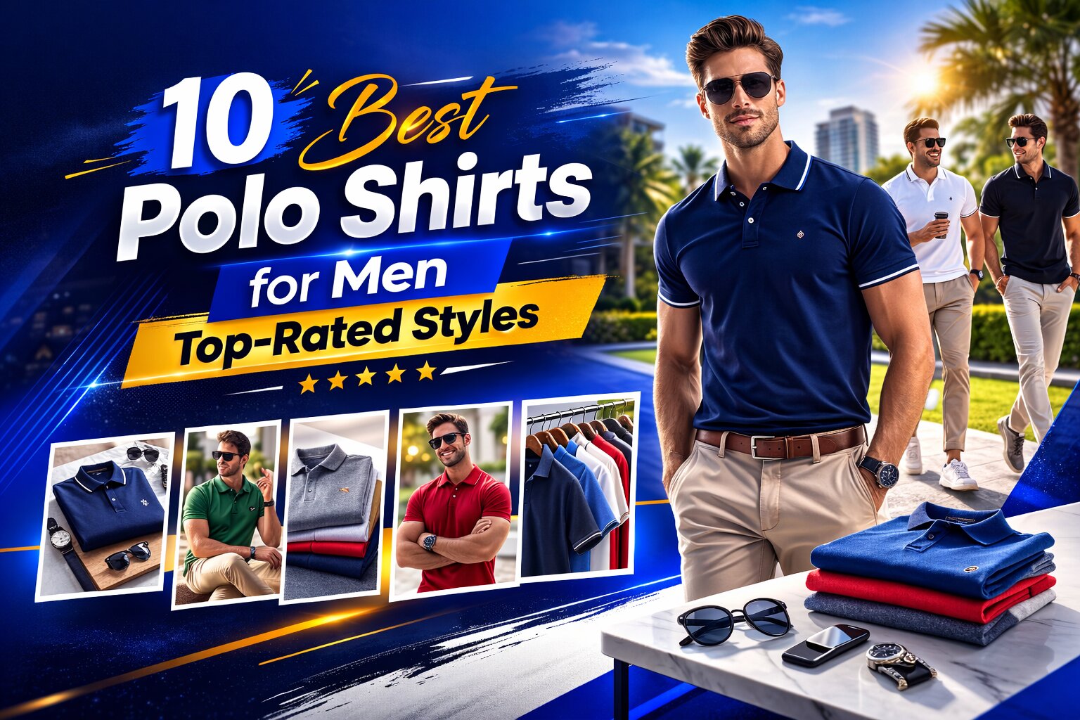 10 Best Polo Shirts for Men—Top-Rated Styles, AI-generated editorial image for illustrative purposes. Modern men’s polo tops featuring breathable cotton pique fabric, performance blends, structured collars, summer-ready smart casual styling across United States, United Kingdom, and Canada.