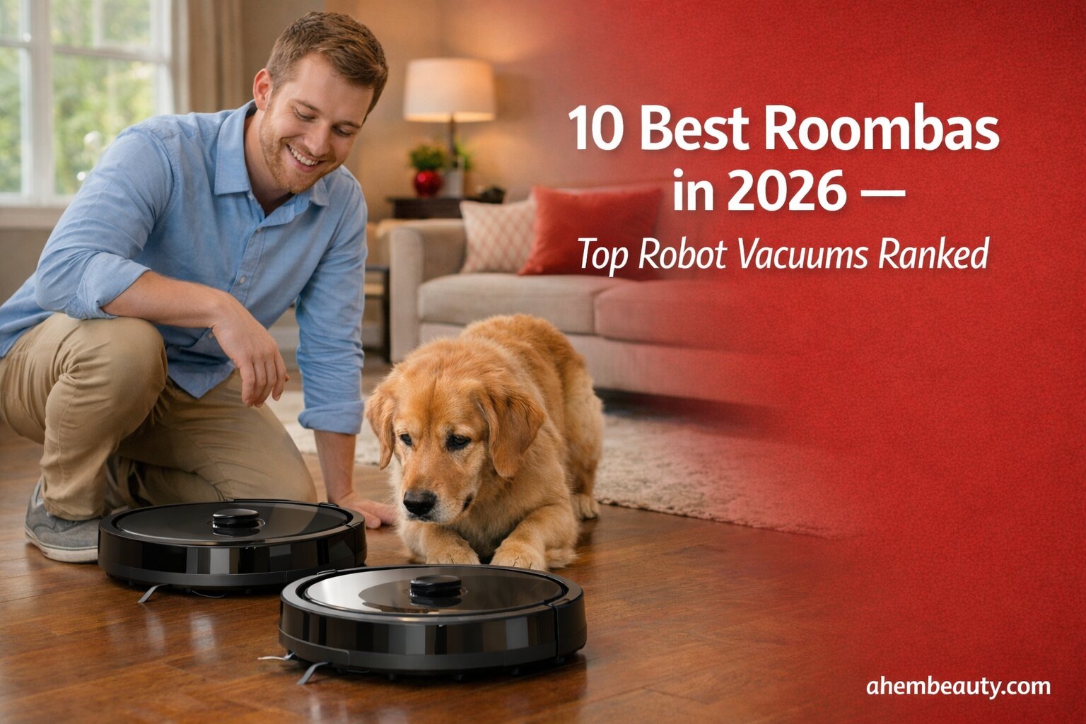 Best Roombas, AI-generated editorial image for illustrative purposes. Intelligent iRobot Roomba robot vacuum cleaning a modern bedroom floor, reducing dust, pet hair, and allergens to improve air quality, sleep comfort, and indoor hygiene across contemporary homes.