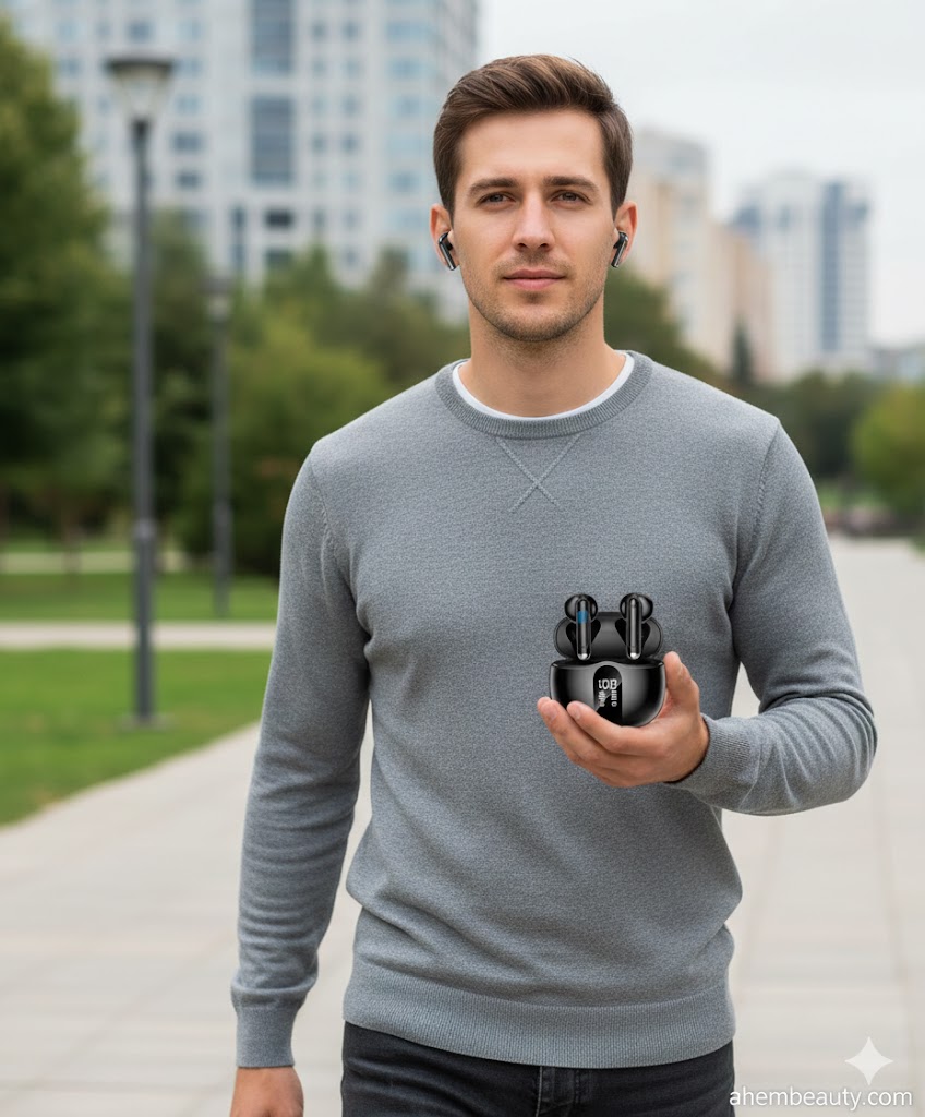 Best Durable Earbuds Under 50 Dollars, AI-generated editorial image for illustrative purposes. HiFi stereo earbuds concept with Bluetooth 5.4 stability, LED display charging case, long-playtime design, IP7-style water resistance, durable compact case for pocket carry, and balanced sound for music and calls.