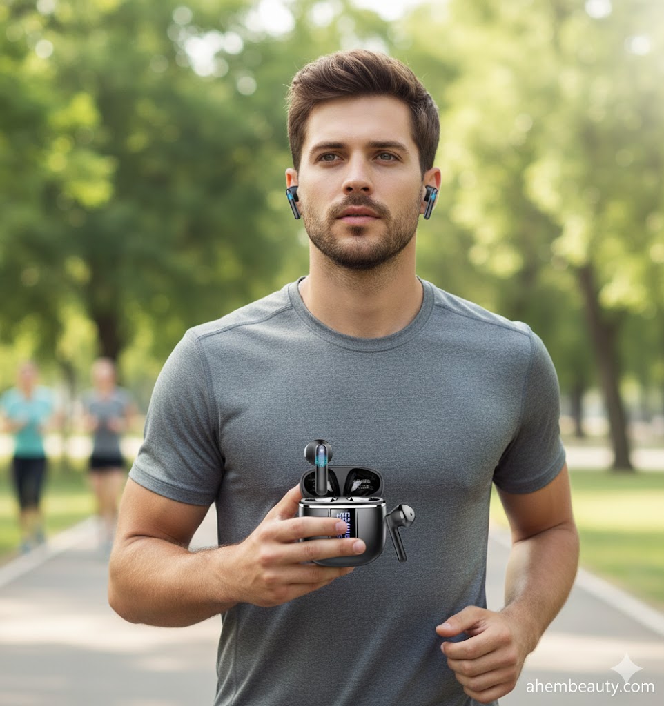 Best Durable Earbuds Under 50 Dollars, AI-generated editorial image for illustrative purposes. Ultralight Bluetooth 5.4 wireless earbuds concept with four-mic ENC call clarity, IP7-style water resistance, stable daily connection, durable magnetic charging case, and long battery for commuting and study.