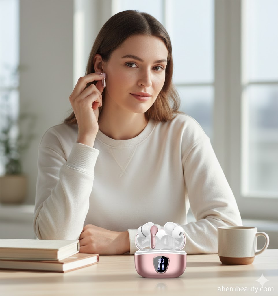 Best Durable Earbuds Under 50 Dollars, AI-generated editorial image for illustrative purposes. Rose gold wireless earbuds with ENC noise cancelling mic design concept, durable pocket-ready charging case, stable Bluetooth connection, and everyday call-ready performance.