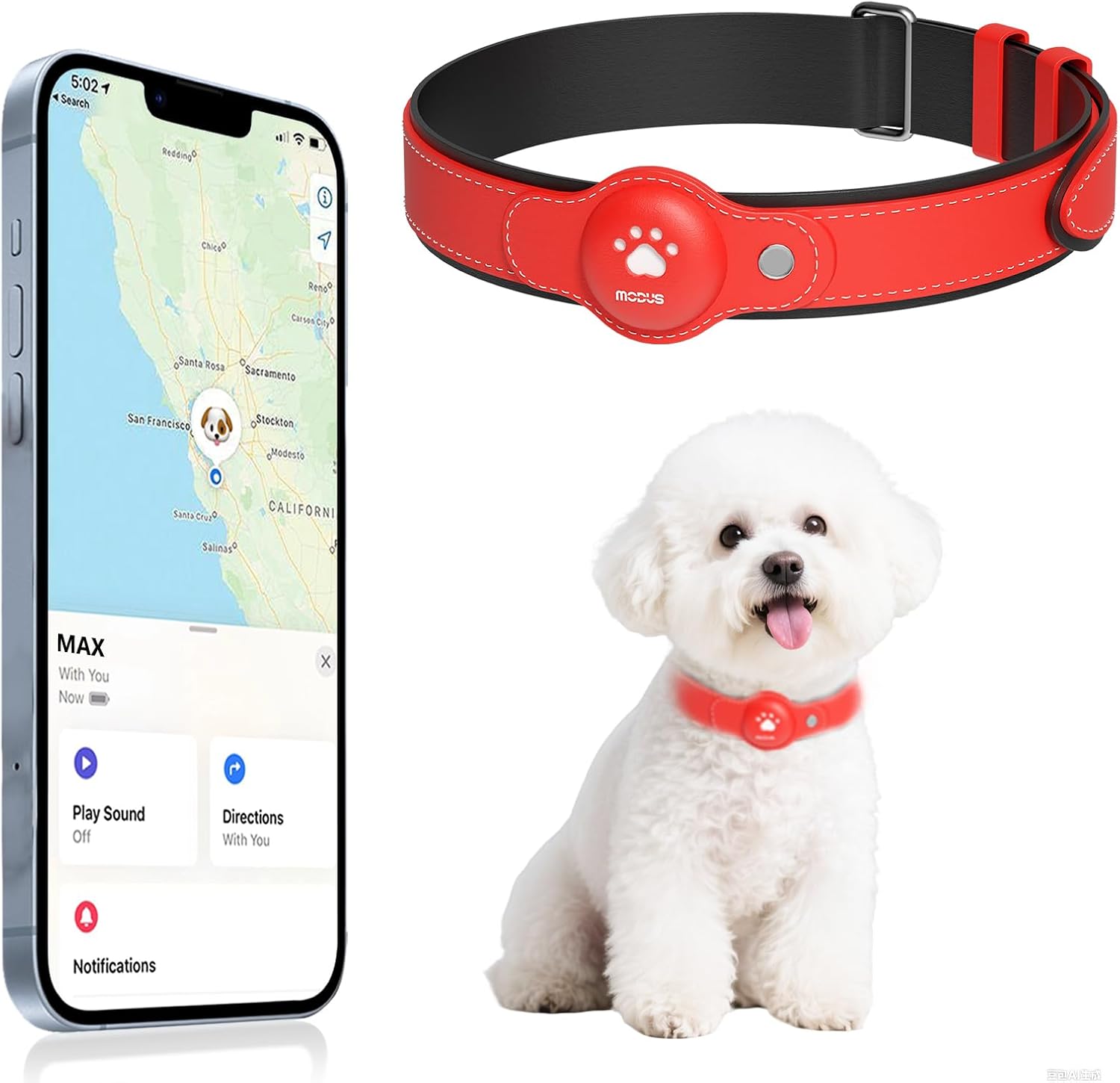 Best GPS Dog Collars Without Subscription — MODUS Apple Find My (iOS only) tracking collar for small, medium, and large dogs; IP67 waterproof; no monthly fee; tested for US UK Canada homes and parks