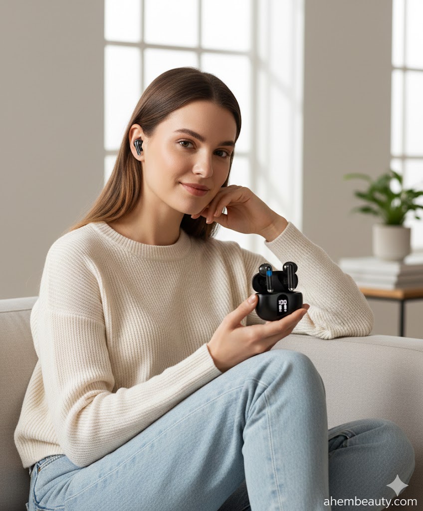 Best Durable Earbuds Under 50 Dollars, AI-generated editorial image for illustrative purposes. Bluetooth 5.4 wireless earbuds concept featuring LED battery display case, long-playtime endurance, clear calls with dual microphones, IP7-style water resistance, durable daily carry design, and stable connection for commuting and study.