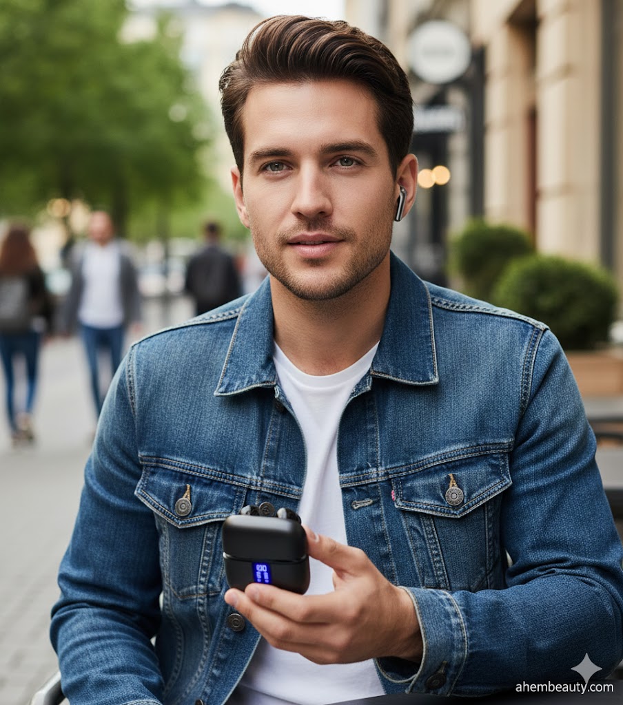 Best Durable Earbuds Under 50 Dollars, AI-generated editorial image for illustrative purposes. Playback LED power display earbuds concept with wireless charging case, waterproof-ready design, durable daily carry protection, and long battery life for commuting and travel.