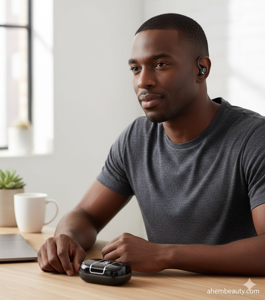 Best Durable Earbuds Under 50 Dollars, AI-generated editorial image for illustrative purposes. Secure earhook sports earbuds concept featuring stable fit during workouts, ENC microphone call clarity, waterproof protection, and durable build for running and gym routines.