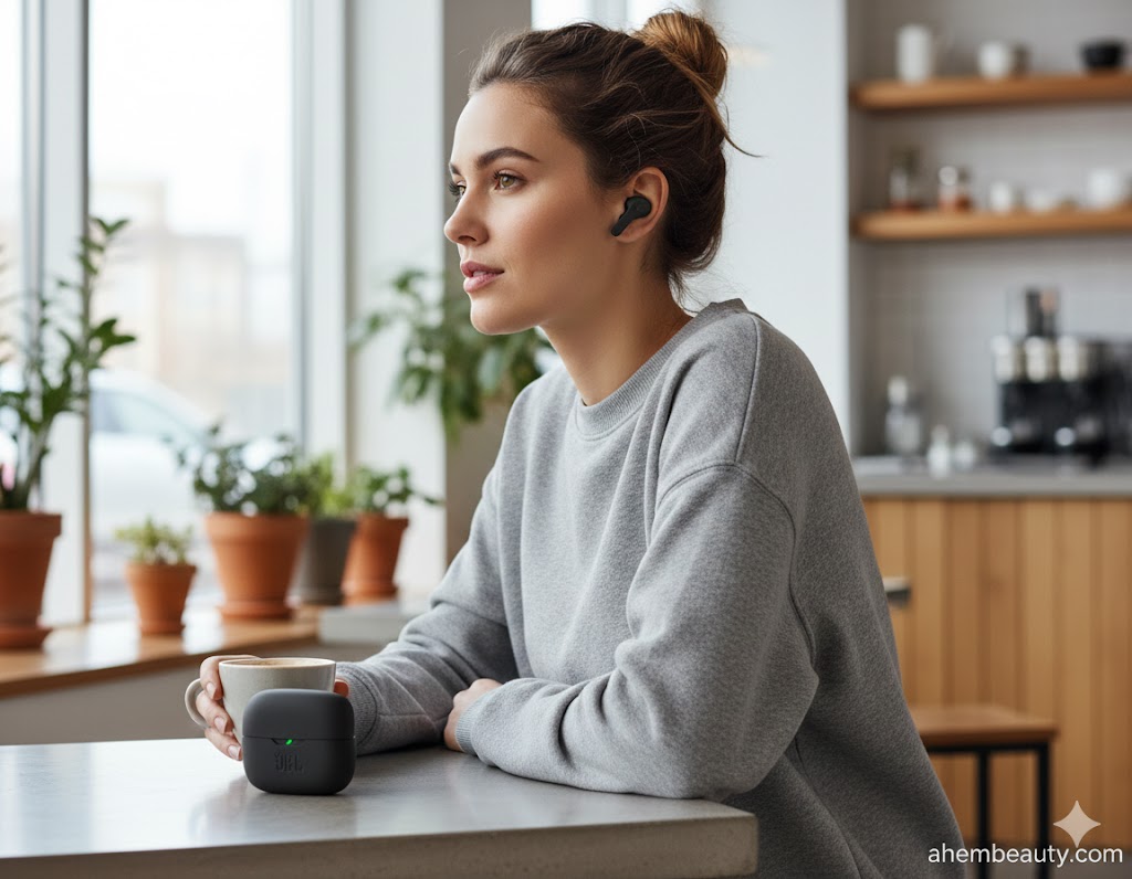 Best Durable Earbuds Under 50 Dollars, AI-generated editorial image for illustrative purposes. JBL-style true wireless earbuds concept with deep bass tuning, comfortable in-ear fit, durable everyday case design, and stable long-wear listening for commuting and office use.