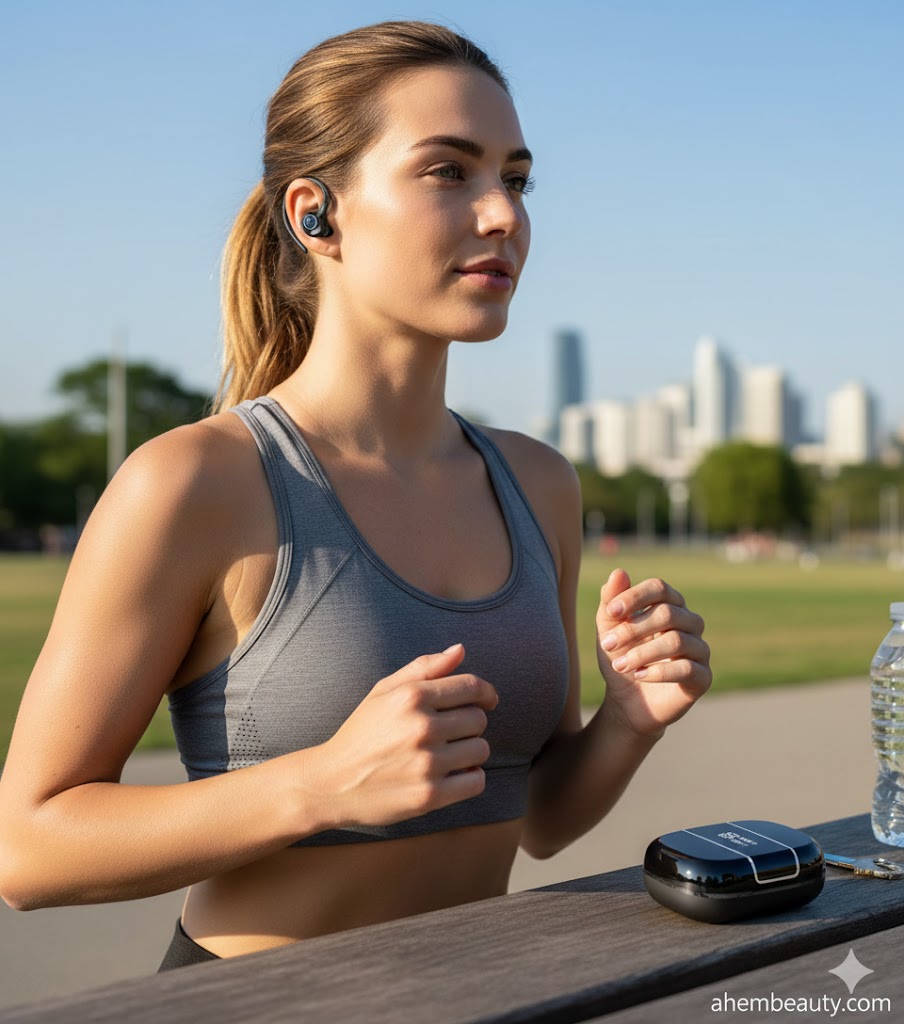 Best Durable Earbuds Under 50 Dollars, AI-generated editorial image for illustrative purposes. Sports wireless earbuds with secure earhooks concept designed for running and gym workouts, sweat resistance, stable connection, and rugged daily durability for active users.