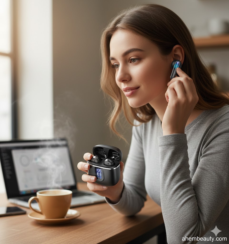 Best Durable Earbuds Under 50 Dollars, AI-generated editorial image for illustrative purposes. Wireless earbuds concept with LED battery display charging case, lightweight semi in-ear comfort fit, durable daily-carry design, and reliable Bluetooth 5.4 performance for commuting and calls.