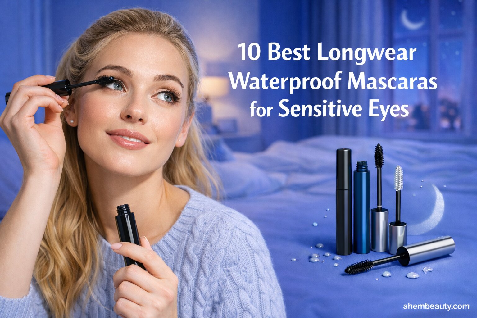 best Longwear Waterproof Mascaras for Sensitive Eyes, AI-generated editorial image for illustrative purposes. Gentle waterproof mascara brushes, clean beauty cosmetic textures, hypoallergenic eye makeup concept designed for contact lens users and sensitive eyes seeking long-lasting smudge-proof lash definition without irritation.