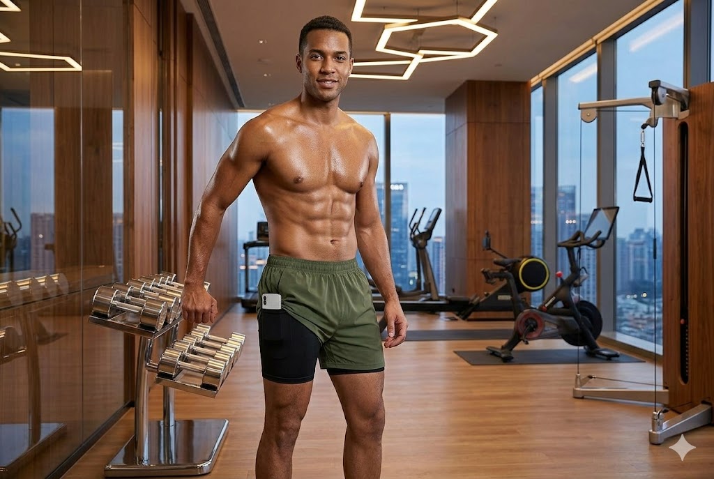 Best Gym Shorts for Men, AI-generated editorial image for illustrative purposes. Close view of a phone pocket liner and quick-dry outer shell designed for running, HIIT, and mixed gym training.