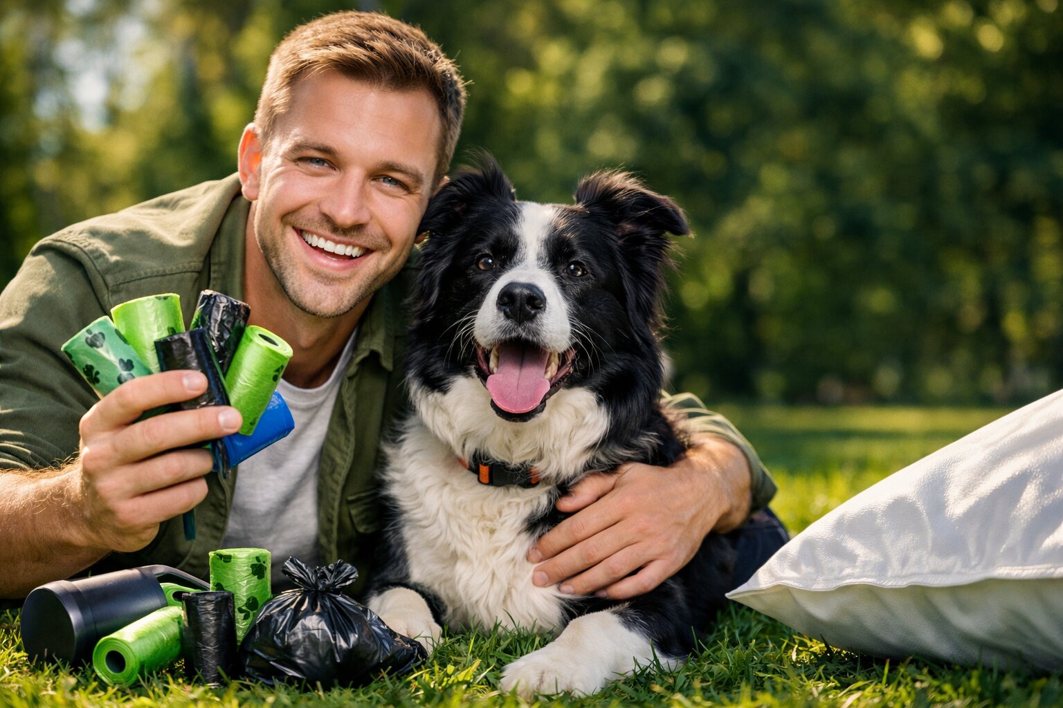 best dog poop bags, AI-generated editorial image for illustrative purposes. Durable leak-proof dog waste bags designed for odor control and daily pet use